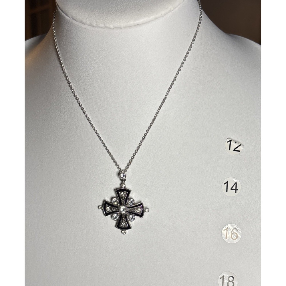 Silver Tone Maltese Cross Pendant Necklace Clear Rhinestone Gothic Style 1"